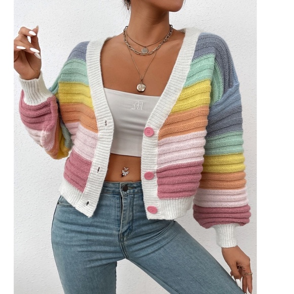 Rainbow Colors Fun Knit Cardigan Sweater Button Front V-Neck - Picture 7 of 10
